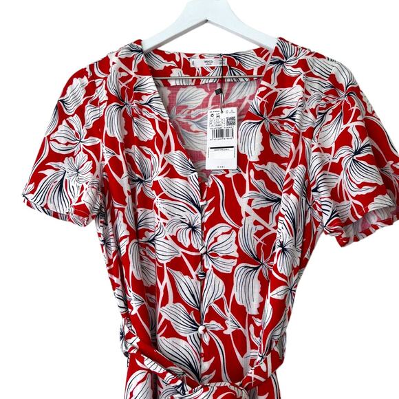 Mango Red Floral Wrap Midi Dress Short Sleeve Tie Waist Size Medium - Picture 5 of 10